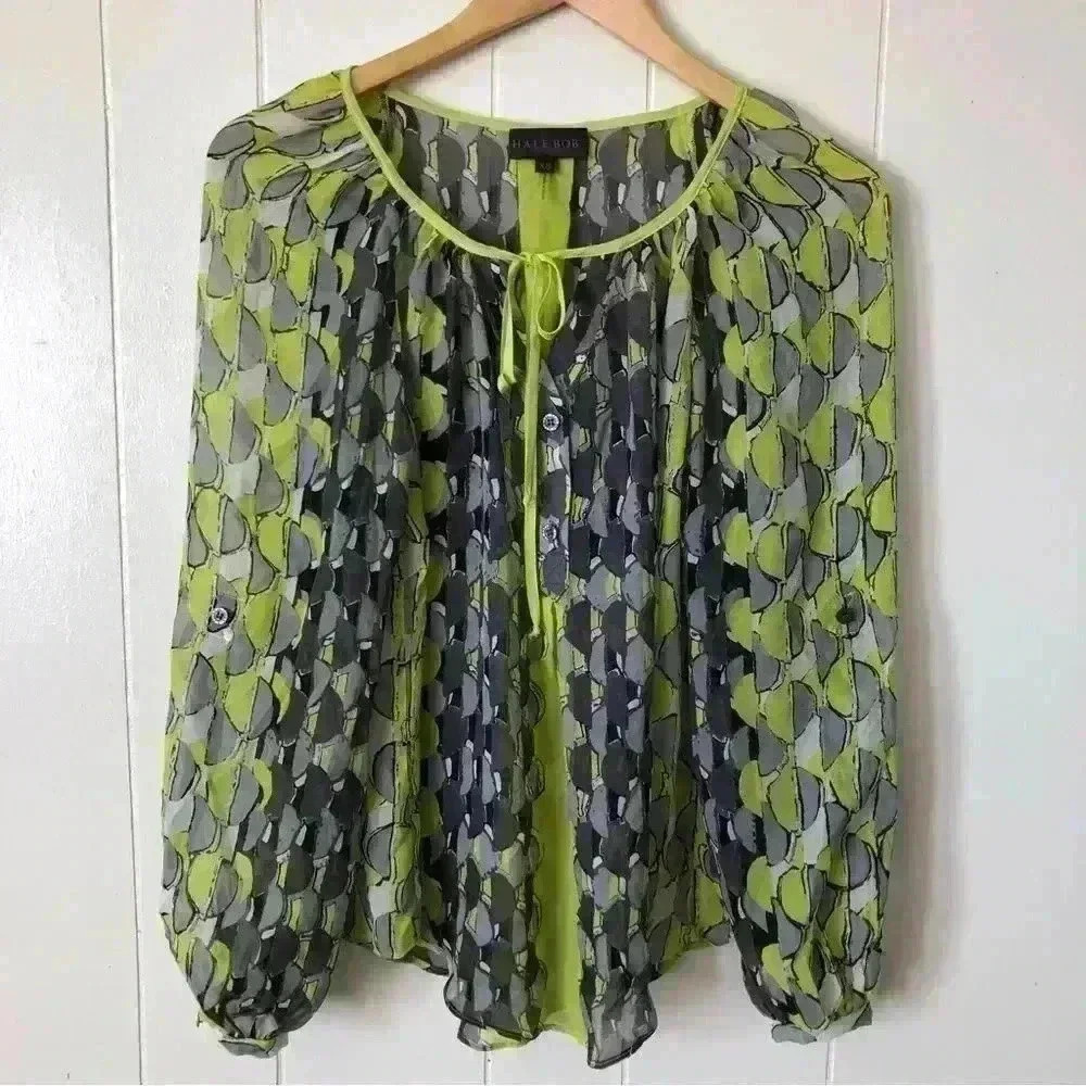 Hale Bob Multicolored Half Button Closure Silk Top Blouse Size XS